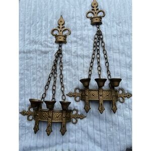 Vintage Sexton 1967 MCM Gold Cast Metal Hanging Wall Sconces Pair Fleur De Lis